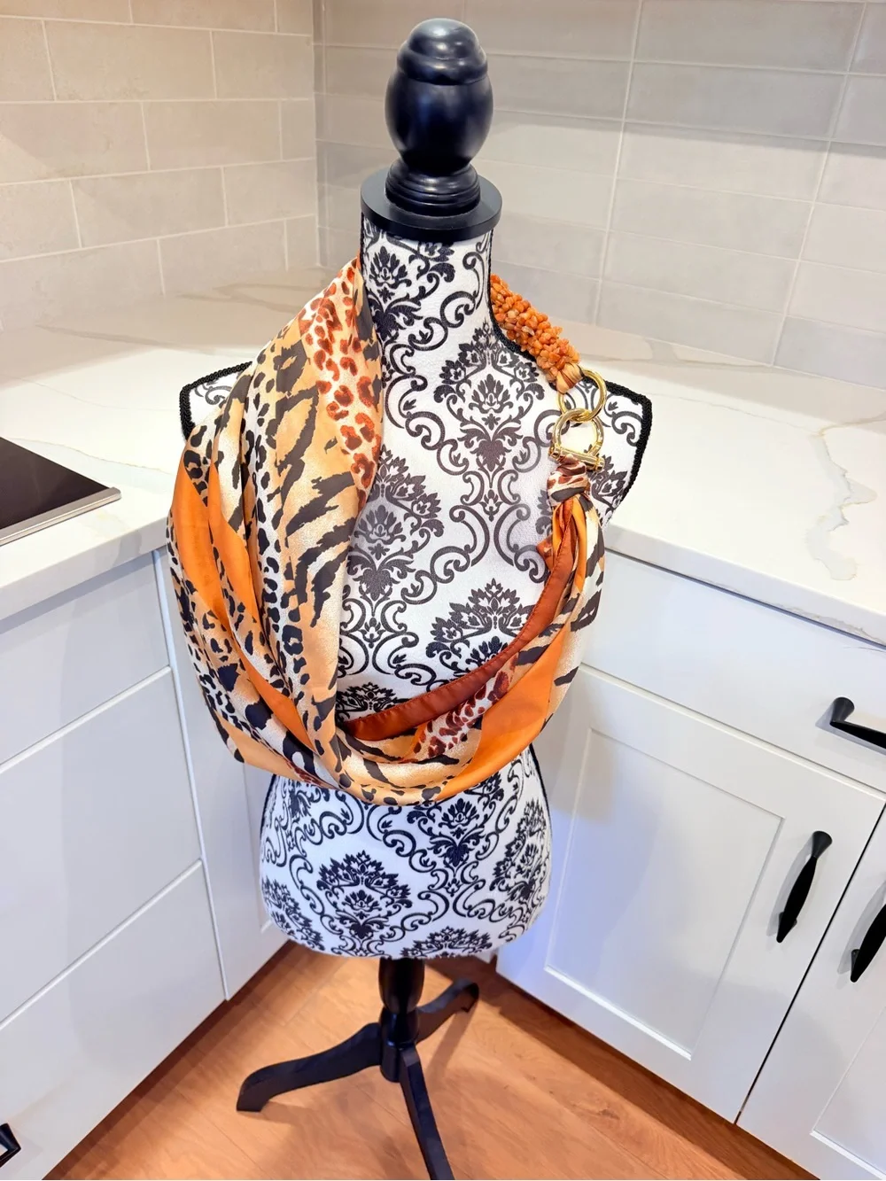 Animal Print Scarf Necklace Orange Stone Beads Gold Tone Statement Jewelry